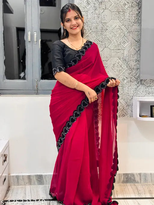 Cherry-hued Georgette party saree with running blouse, solid pattern, free size, Indian origin