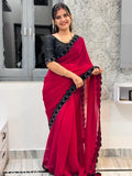 Cherry-hued Georgette party saree with running blouse, solid pattern, free size, Indian origin