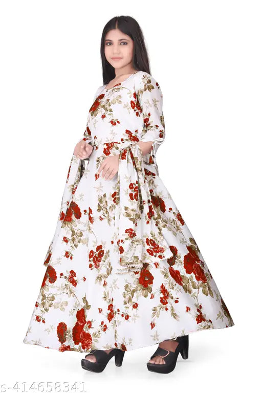 Crepe, three-quarter sleeve printed net kids gown (8-14 years). Beautiful Indian dupatta included, perfect for events and celebrations