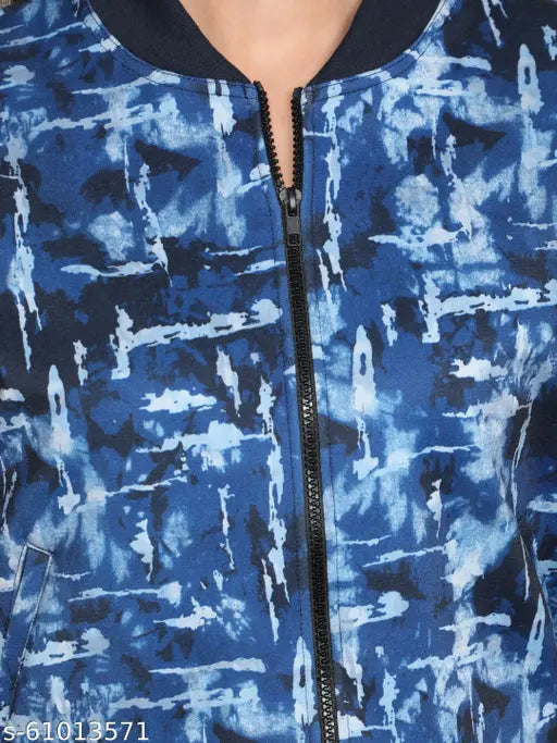 Women's long-sleeve printed bomber jacket, poly cotton combo, camouflage pattern, ribbed collar, zipper opening, side pockets