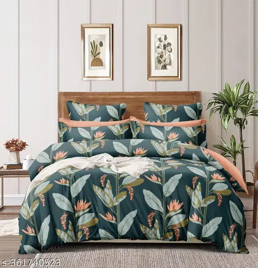 Green-Leaves double bed ZCI Cotton King floral flat sheets, superfine botanical design on soft cotton, ideal for adults, 2 pillow covers included, made in India