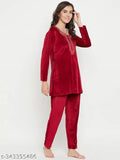 Women's winter velvet kurti & pajama set, Kashmiri design. Soft, breathable woolen Velvet nightwear for casual, home, or sleepwear. Ideal for winter, perfect as a gift. Made in India