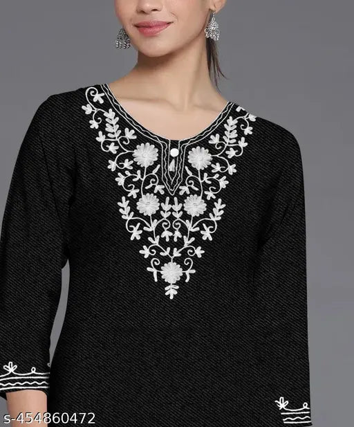 Warm Kashmiri woolen embroidered kurta for women. Solid three-quarter sleeve design, available in sizes S-XXXL