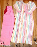 Multi-colored striped cotton kurti set with trousers and dupatta for women and girls in various sizes, including lightweight and breathable Indian outfit perfect for casual or festive occasions