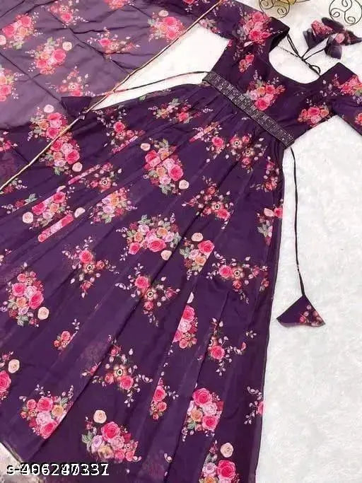 Trendy new printed georgette gowns with long sleeves, available in sizes S-XXXL from India