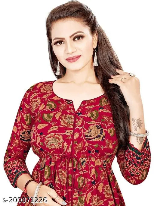 Maroon rayon three-quarter sleeve printed anarkali kurti for women, trendy Indian fashion