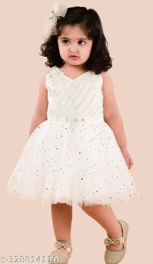 White Star Net Pearl Partywear Frock, cotton blend, sleeveless, embellished net, premium quality fabric, infant clothing, Indian origin