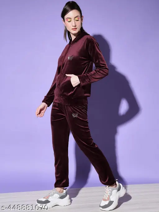 TM Velvet Wine tracksuit set, velvet fabric, long sleeves, solid patterned sweatshirt and track pants, size S-XL, made in India