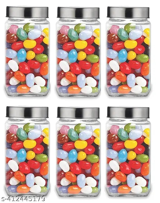 Clear glass airtight cubical jars (1000ml), ideal for storing kitchen pantry items like dry fruits, coffee beans, honey, pickles, and masala