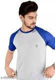 Grey and Royal Blue Colorblocked Men's Polyester T-Shirt, short sleeves on man wearing casual attire