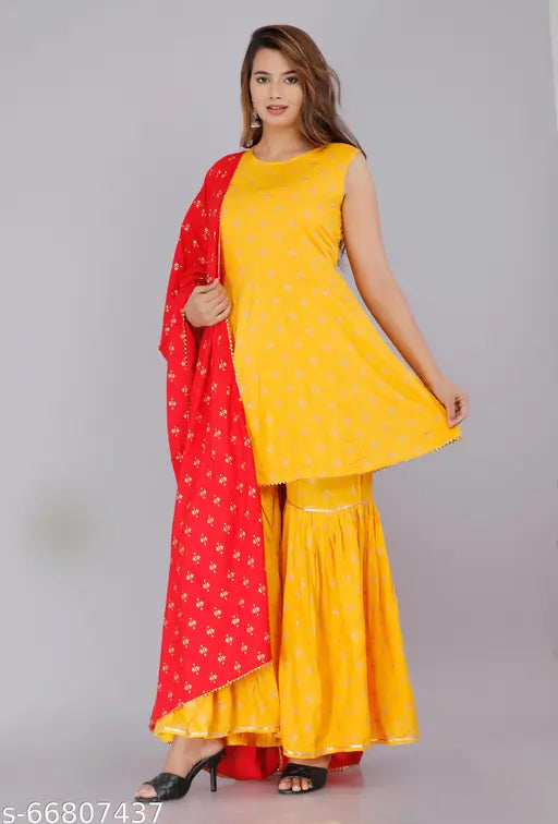 Yellow butterfly print rayon kurta set with red dupatta and bottomwear, sleeveless, India-origin