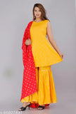 Yellow butterfly print rayon kurta set with red dupatta and bottomwear, sleeveless, India-origin