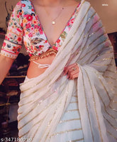 Striped embroidered Georgette saree with running blouse, free size, Indian origin