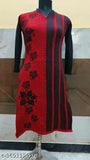 Fancy red woolen kurti with long sleeves and printed combo, size S (36in bust, 40in length)