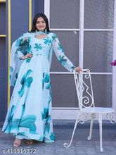 Classic modern georgette women's gown with long sleeves and printed net pattern. Sizes: S-XXL, origin: India