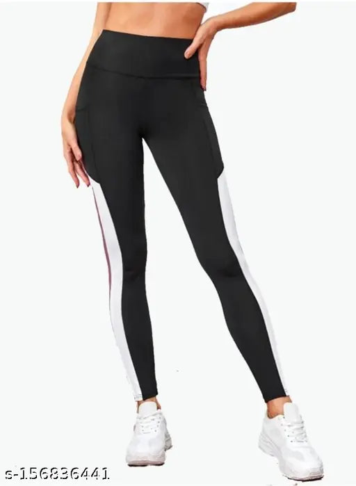 Stretchable striped jeggings, free size ankle length gym wear for women (28-40in), solid net lycra fabric