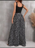 Imported digital print jumpsuit, wide leg flared style in modal fabric. Perfect for any time wear, featuring heavy moss printed fabric with Lycra rib on top
