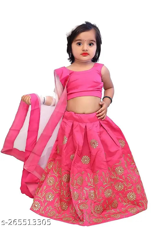 Embroidered taffeta silk lehenga-choli set for baby girls, sleeveless with net dupatta, in various sizes from 2-3 to 5-6 years. Indian fancy work on display