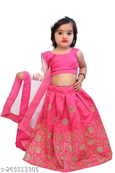Embroidered taffeta silk lehenga-choli set for baby girls, sleeveless with net dupatta, in various sizes from 2-3 to 5-6 years. Indian fancy work on display