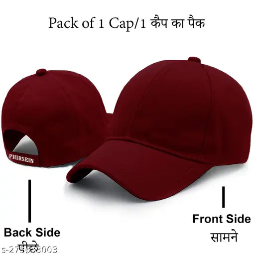 Maroon cotton baseball cap, adjustable design for summer, unisex fashion accessory by Phirsein