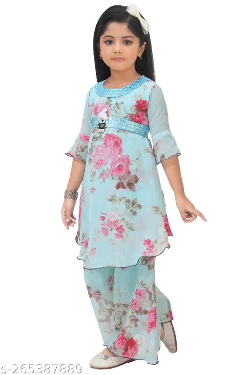 Girls' festive A-Line satin Kurta with palazzo pants, printed and three-quarter sleeves. Elegant Indian ensemble for celebrations without dupatta for ages 2-12
