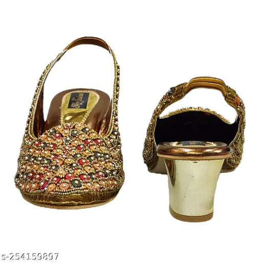 Synthetic golden heels ballerinas, embellished backstrap design - Women's stylish sandal from Hafiz Footwear, India (IND sizes: 5, 6, 7, 8, 9, 10)