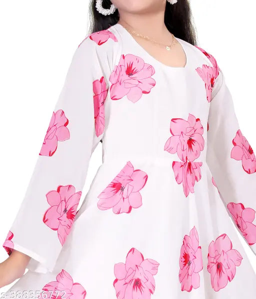 Awesome Girls ethnic printed Georgette gown in Pashmina, long sleeves, vibrant floral design. Perfect for young girls' wardrobe versatility." (98 characters)