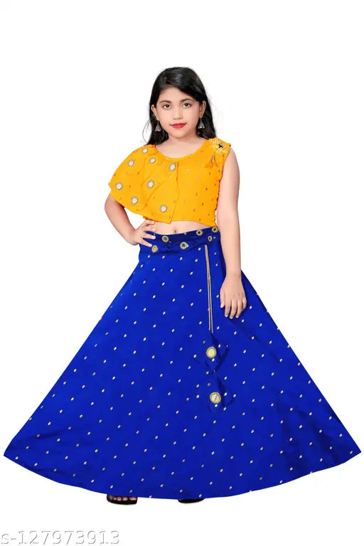 Cotton silk kids lehnga choli with mirrored work and embellishments, perfect for parties aged 3-16 years. Indian ethnic wear for special occasions
