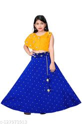 Cotton silk kids lehnga choli with mirrored work and embellishments, perfect for parties aged 3-16 years. Indian ethnic wear for special occasions