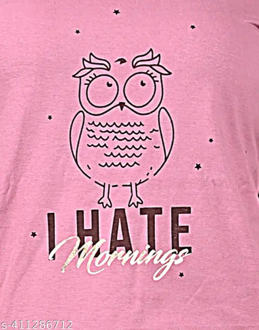 Printed cotton night suit for women & girls, short-sleeved pyjama set with net pattern