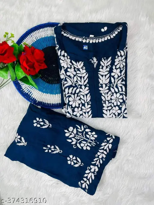 Blue Chikankari modal straight kurta set with palazzos, embroidered net, three-quarter sleeves. Size M (bust size 38 in). Indian rayon fabric
