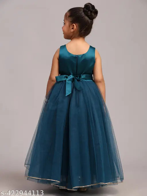 Teal blue net embellished party dress for kids, ages 1-9 years
