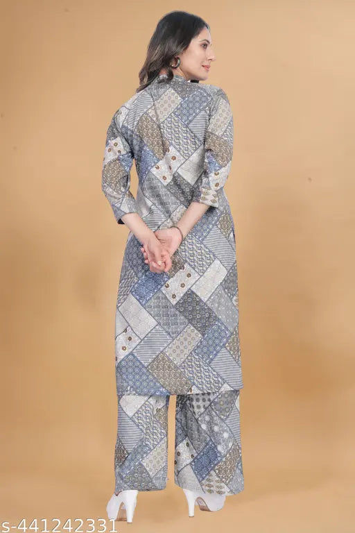 Grey Straight-cut Printed Kurta and Palazzos Set, soft modal fabric, 3/4 sleeves, hand wash