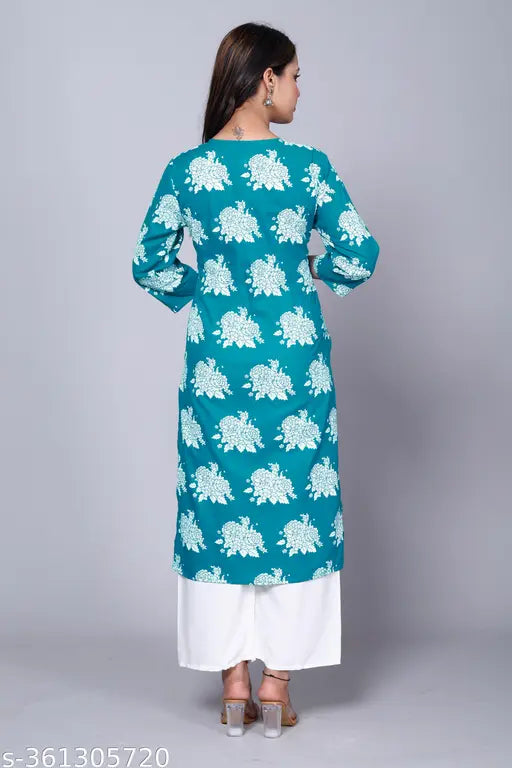 Printed rayon slub cotton kurta with palazzo set, three-quarter sleeves - Indian ethnic fashion for women