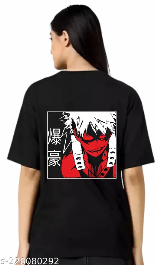 Black cotton My Hero Academia printed round neck oversize T-shirt for women, 100% cotton, India origin