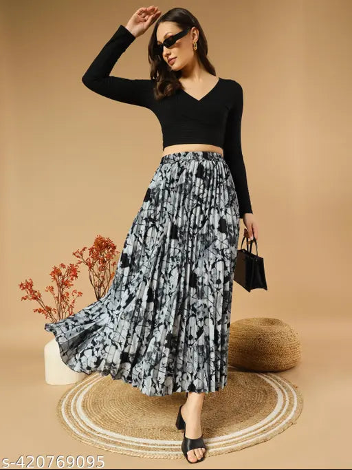 Premium lightweight printed A-line long skirt in crepe fabric, effortless elegance for warm seasons, size 26-38 (26in/38in/26in - 38in/38in/38in)