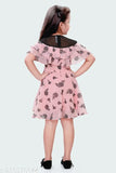 Peach and black printed chiffon midi dress for kids (4-14 years), short sleeves, frill detail, concealed zipper, lining, attached belt with fancy buckle, suitable for parties or everyday wear