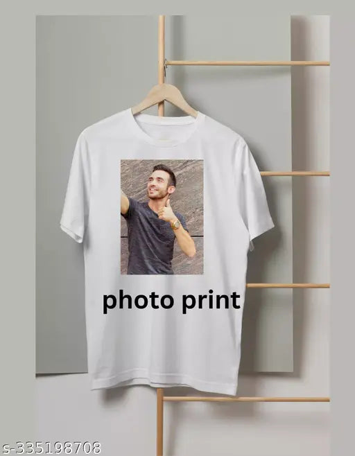 Custom photo print on short-sleeve polyester t-shirt, personalized apparel for fashionable individuals, custom design displayed