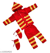 Woolen knitted front open sweater combo set with hood pyjama and bootie in self-design pattern, perfect for winter wear for infants aged 0-6 months