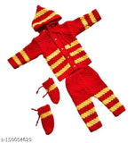 Woolen knitted front open sweater combo set with hood pyjama and bootie in self-design pattern, perfect for winter wear for infants aged 0-6 months