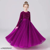 Embellished net sequin gown dress for girls parties, soft velvet fabric and astin inner lining. One size extra for healthy kids, one size less for slim kids. Dry clean only. Available sizes: 5-6 Years, 6-7 Years, 7-8 Years, etc. Indian made
