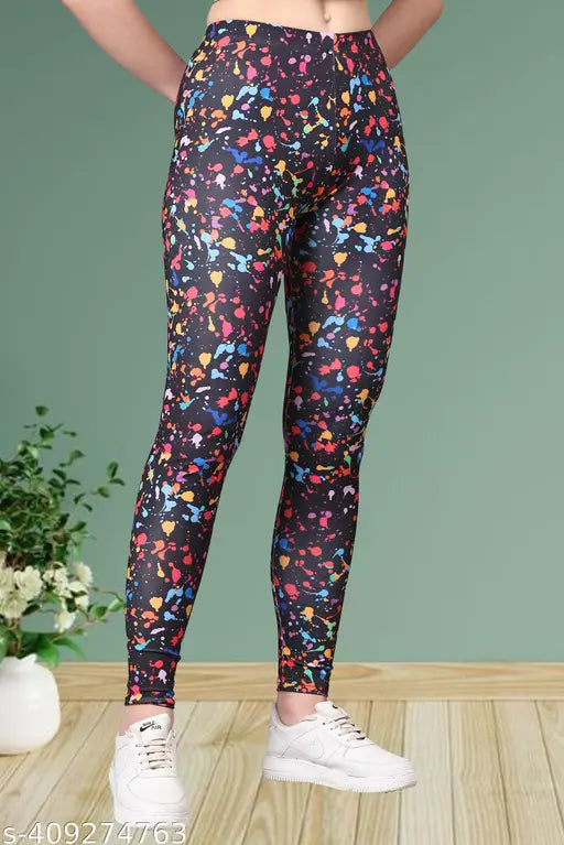 Printed Lycra jeggings for women's fashion, ankle fit with net pattern and stretchability. Comfortable waist for sports wear, yoga, gym. Made in India