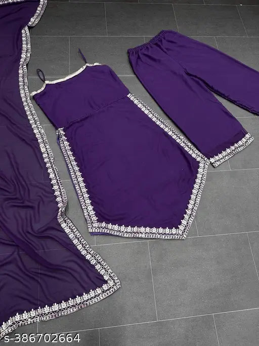 Georgette embroidery dupatta set: sleeveless kurta & bottom wear, versatile elegance for every occasion