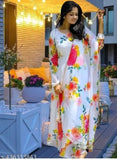 Denim Moti print formal dress, long sleeves, Indian traditional gown for women on mannequin