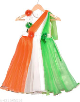 India-made tri-color net lehenga dress for girls, perfect for Independence Day celebrations
