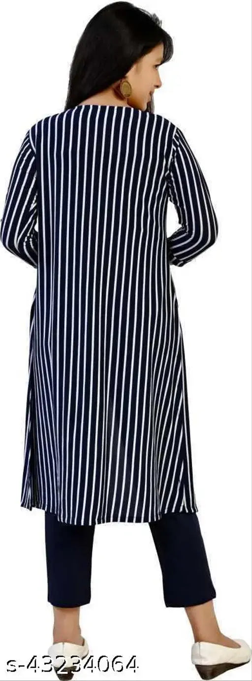 Striped viscose dress set for girls aged 8-13: 1 western wear top, 1 full-length shrug, 1 ankle-length pant in navy blue