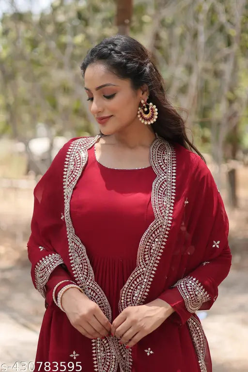 White Georgette Anarkali Kurta Set with Dupatta, long sleeves, cotton bottomwear, gold embellishments, festive Indian outfit