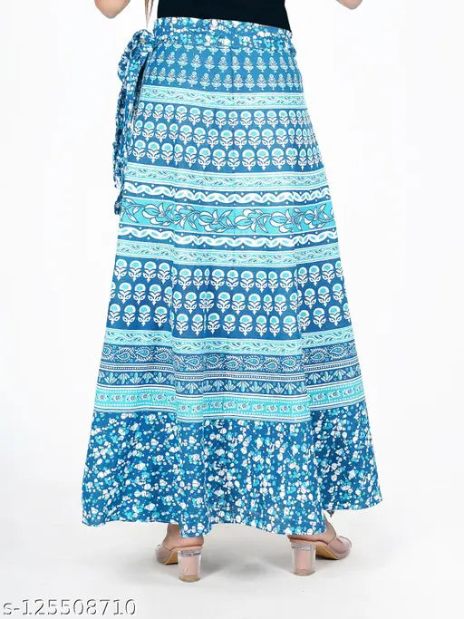 Blue cotton printed wrap-around high-rise A-line skirt for women, perfect for casual or semi-formal wear