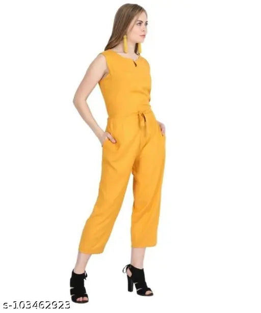 Solid poly crepe sleeveless jumb suit for regular wear, black color