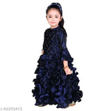 Navy Blue Satin Frock for Girls (3-Quarter Sleeves, Self-Design Net), soft satin silk fabric, suitable for various occasions